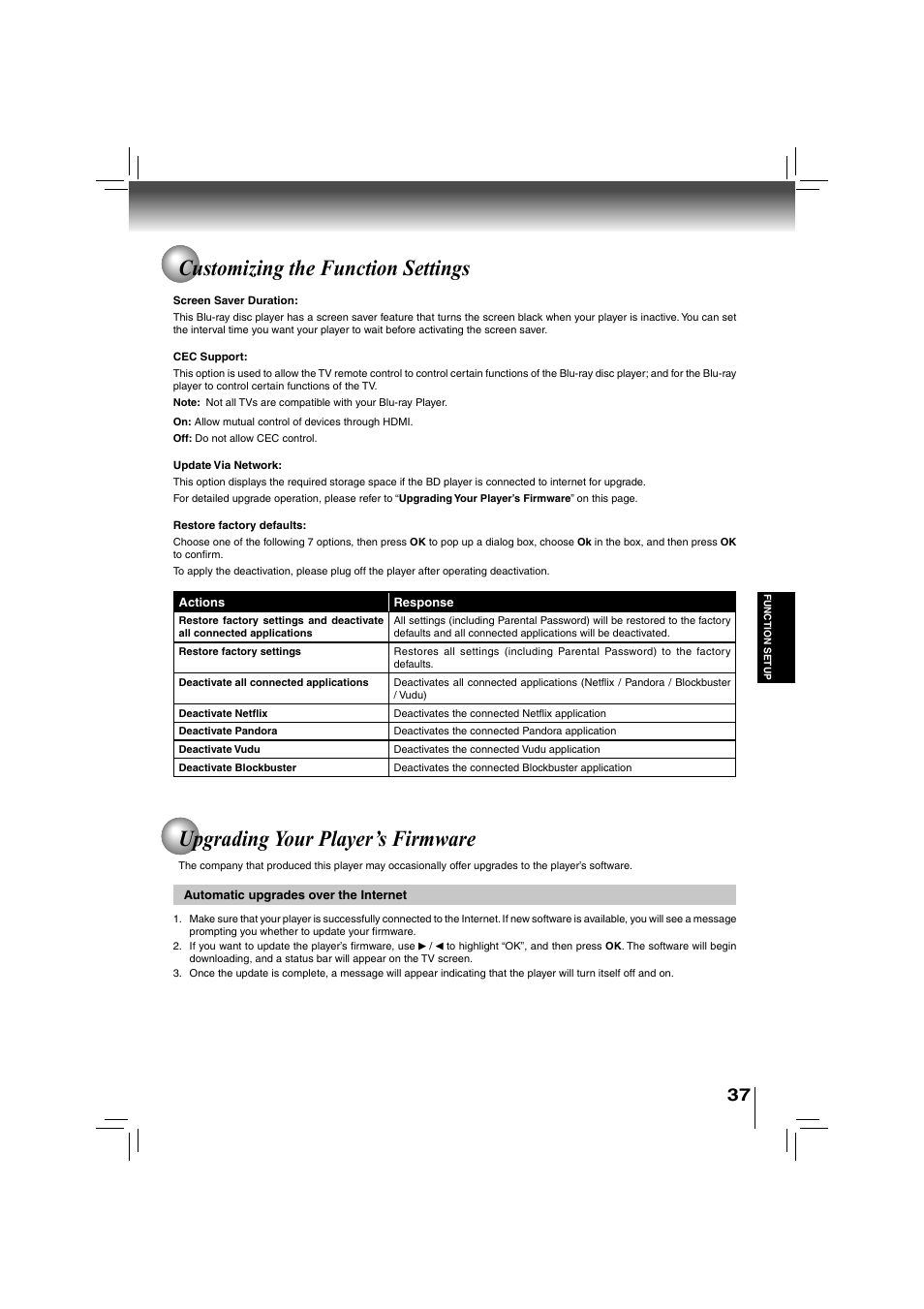 Customizing the function settings, Upgrading your player’s firmware | Toshiba BDX2700KU User Manual | Page 37 / 62