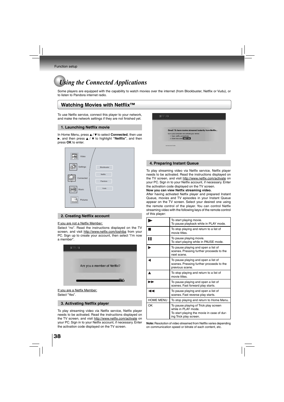 Using the connected applications, Watching movies with netfl ix | Toshiba BDX2700KU User Manual | Page 38 / 62