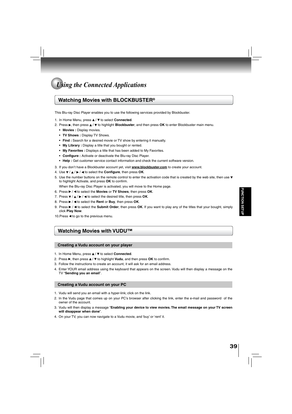 Using the connected applications, Watching movies with blockbuster, Watching movies with vudu | Toshiba BDX2700KU User Manual | Page 39 / 62