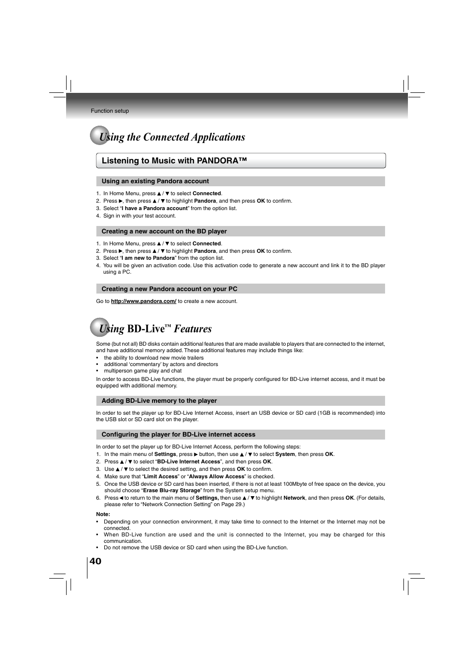 Using bd-live, Features, Using the connected applications | Listening to music with pandora | Toshiba BDX2700KU User Manual | Page 40 / 62