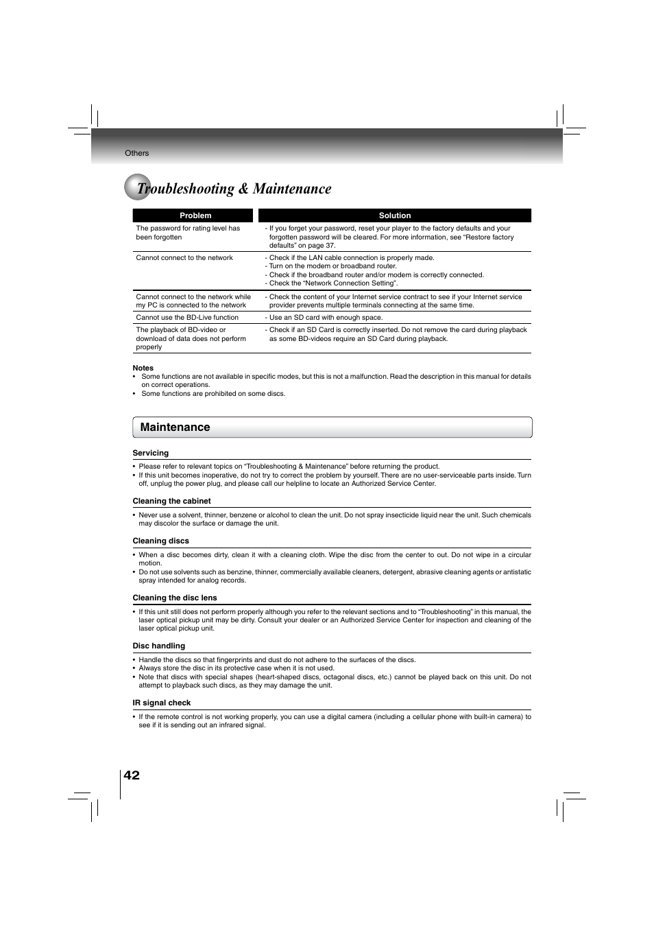 Troubleshooting & maintenance, Maintenance | Toshiba BDX2700KU User Manual | Page 42 / 62