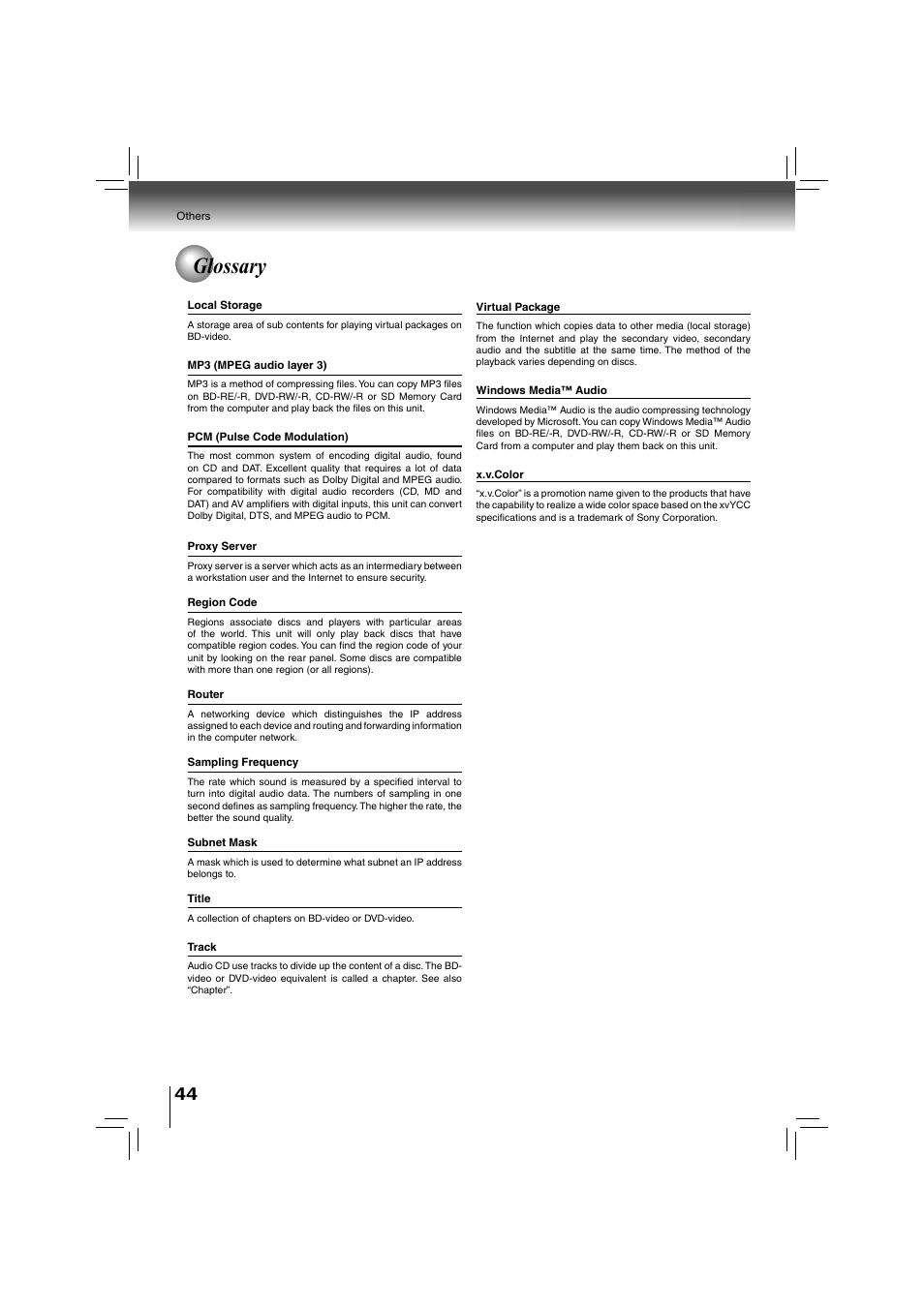 Glossary | Toshiba BDX2700KU User Manual | Page 44 / 62