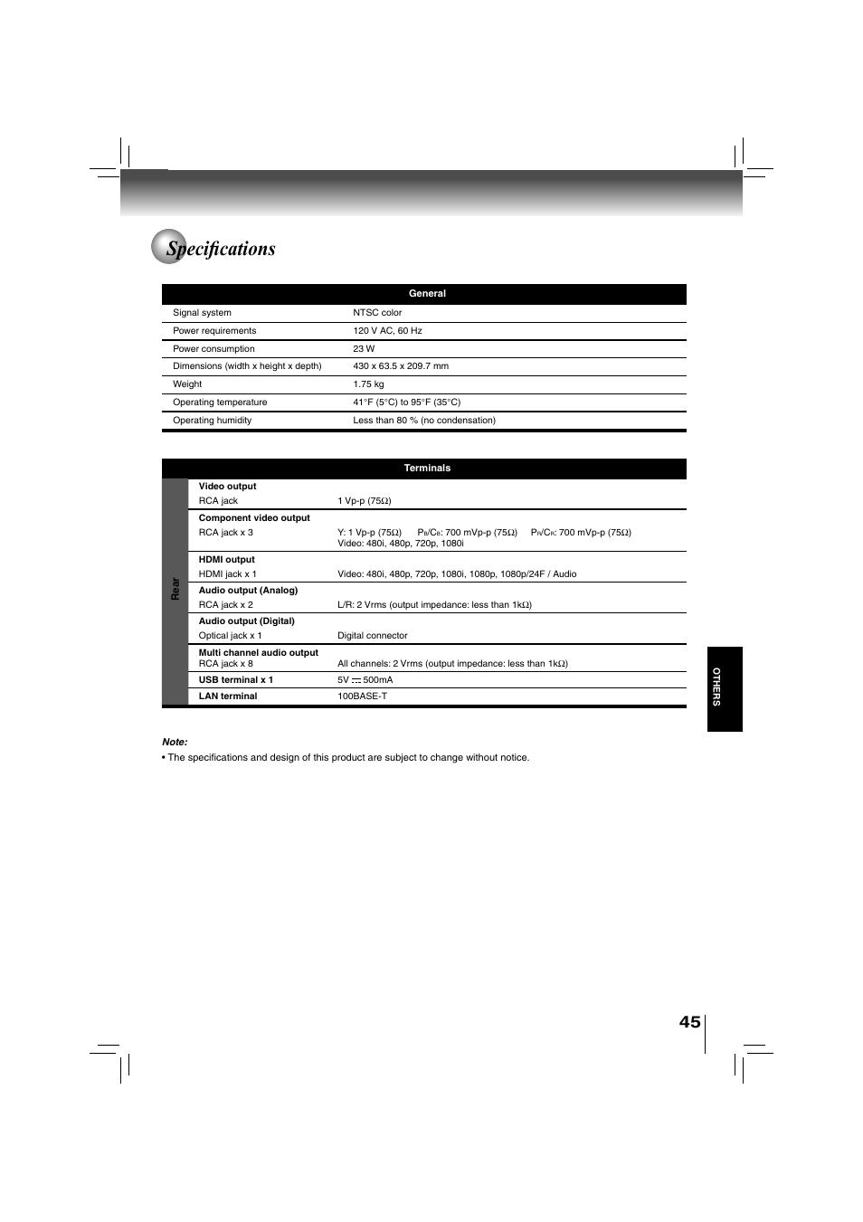 Specifi cations | Toshiba BDX2700KU User Manual | Page 45 / 62