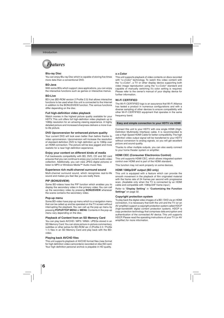 Features | Toshiba BDX2700KU User Manual | Page 6 / 62