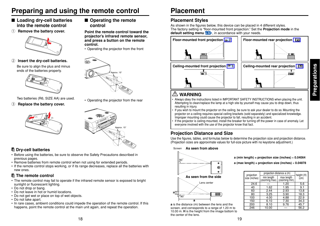 Preparing and using the remote control, Placement, P.18 | Preparing and using the remote control placement, Preparations | Toshiba TDP-TW90 User Manual | Page 10 / 37