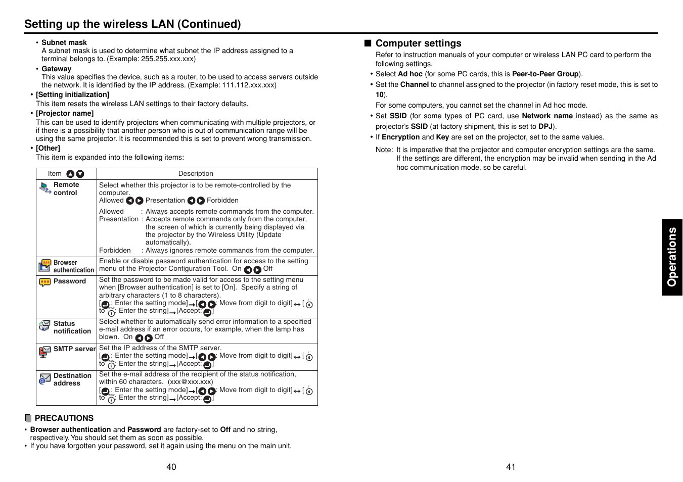 Computer settings, Operations, Setting up the wireless lan (continued) | Toshiba TDP-TW90 User Manual | Page 21 / 37