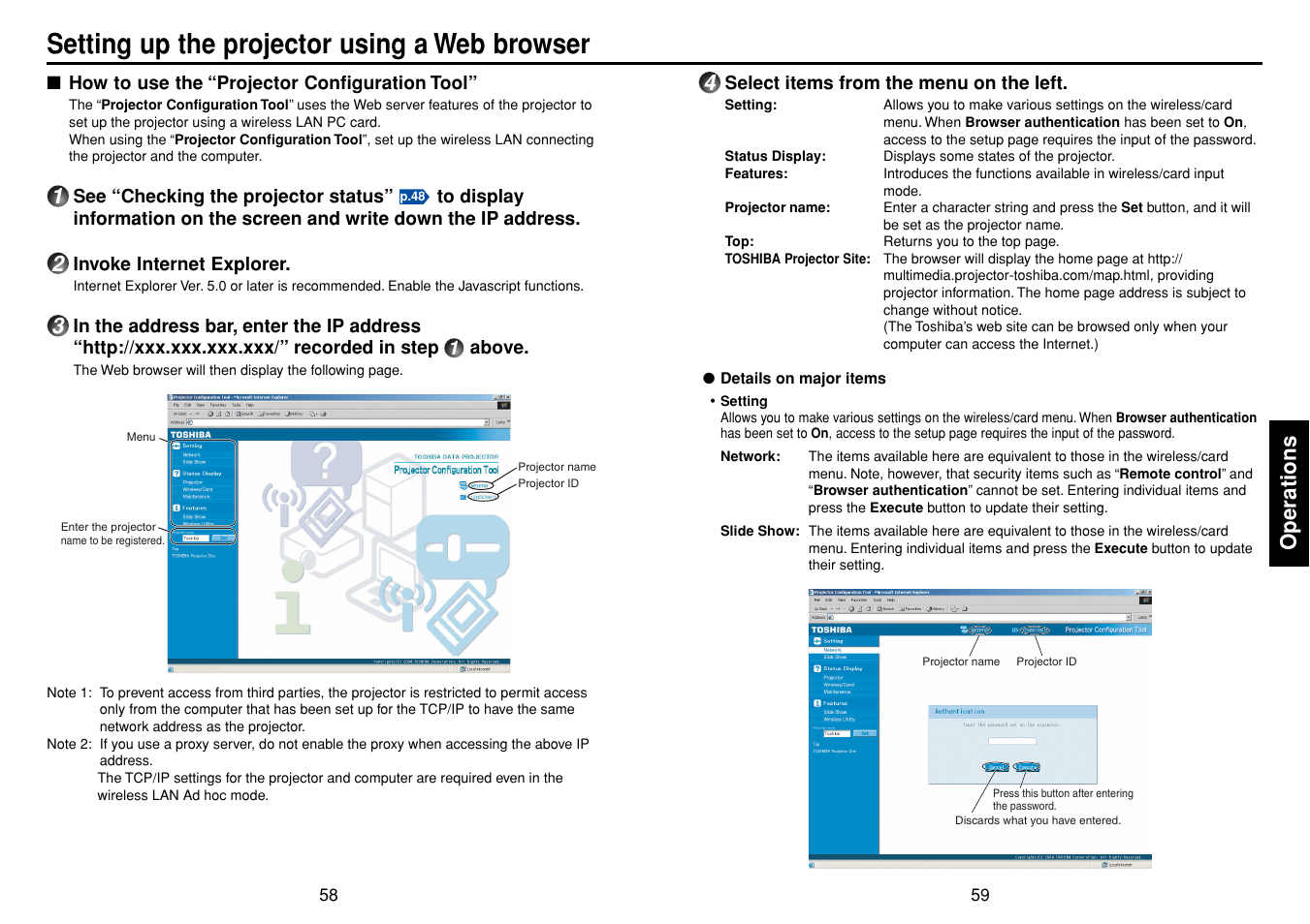 Setting up the projector using a web browser, How to use the “projector configuration tool, Operations | Toshiba TDP-TW90 User Manual | Page 30 / 37