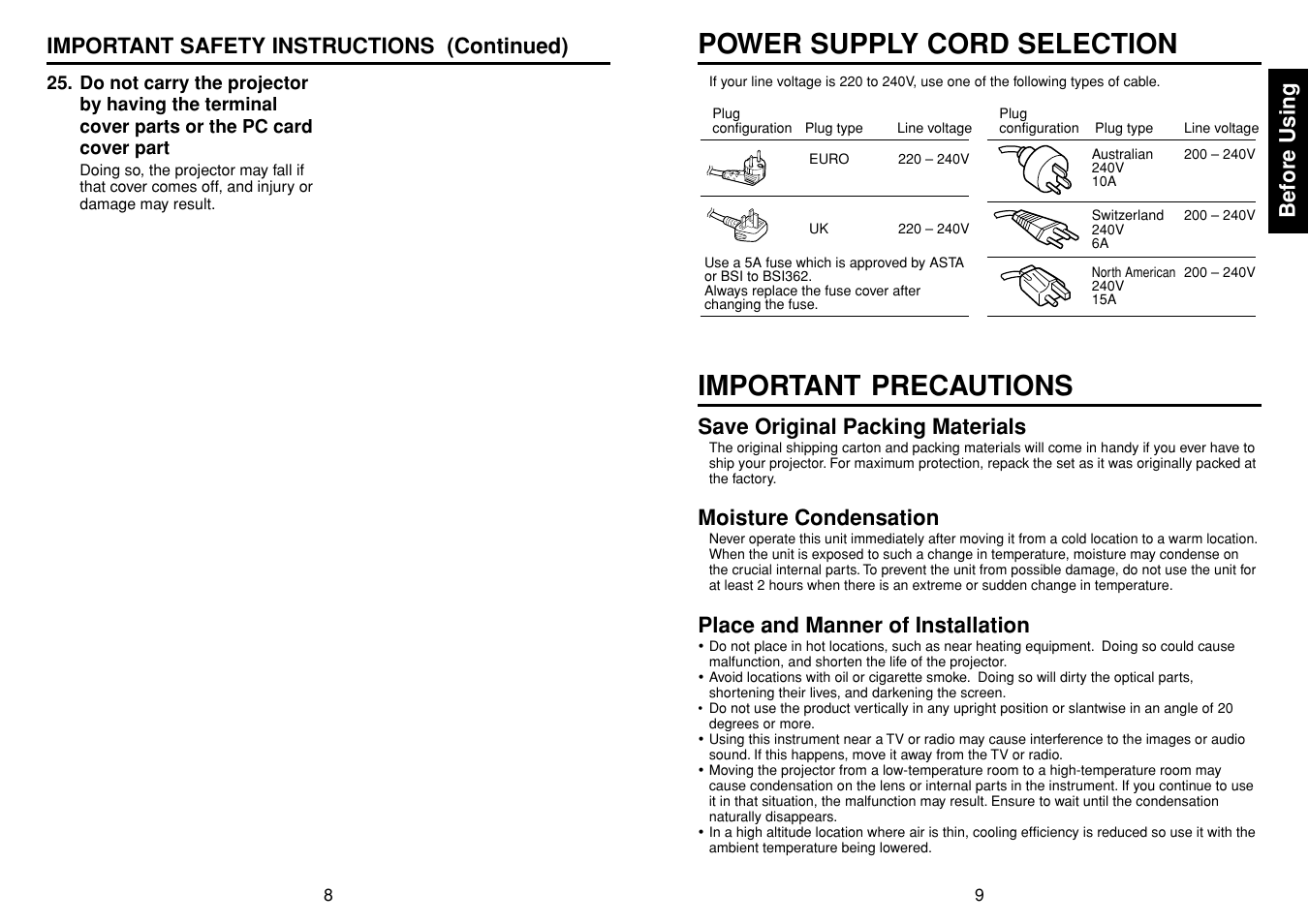 Power supply cord selection, Important precautions, Before using | Save original packing materials, Moisture condensation, Place and manner of installation, Important safety instructions (continued) | Toshiba TDP-TW90 User Manual | Page 5 / 37