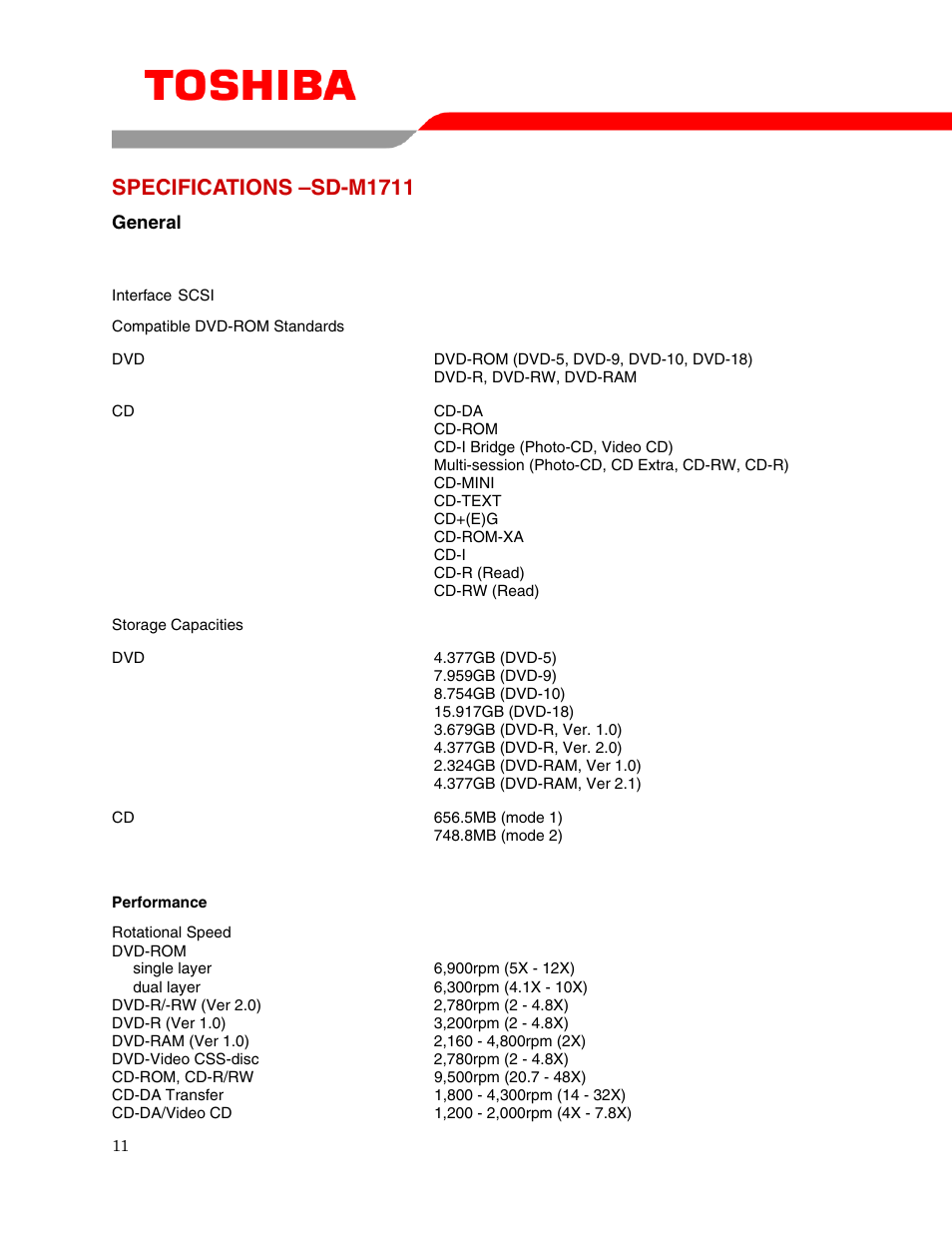 Specifications –sd-m1711 | Toshiba SD-M1711 User Manual | Page 13 / 18