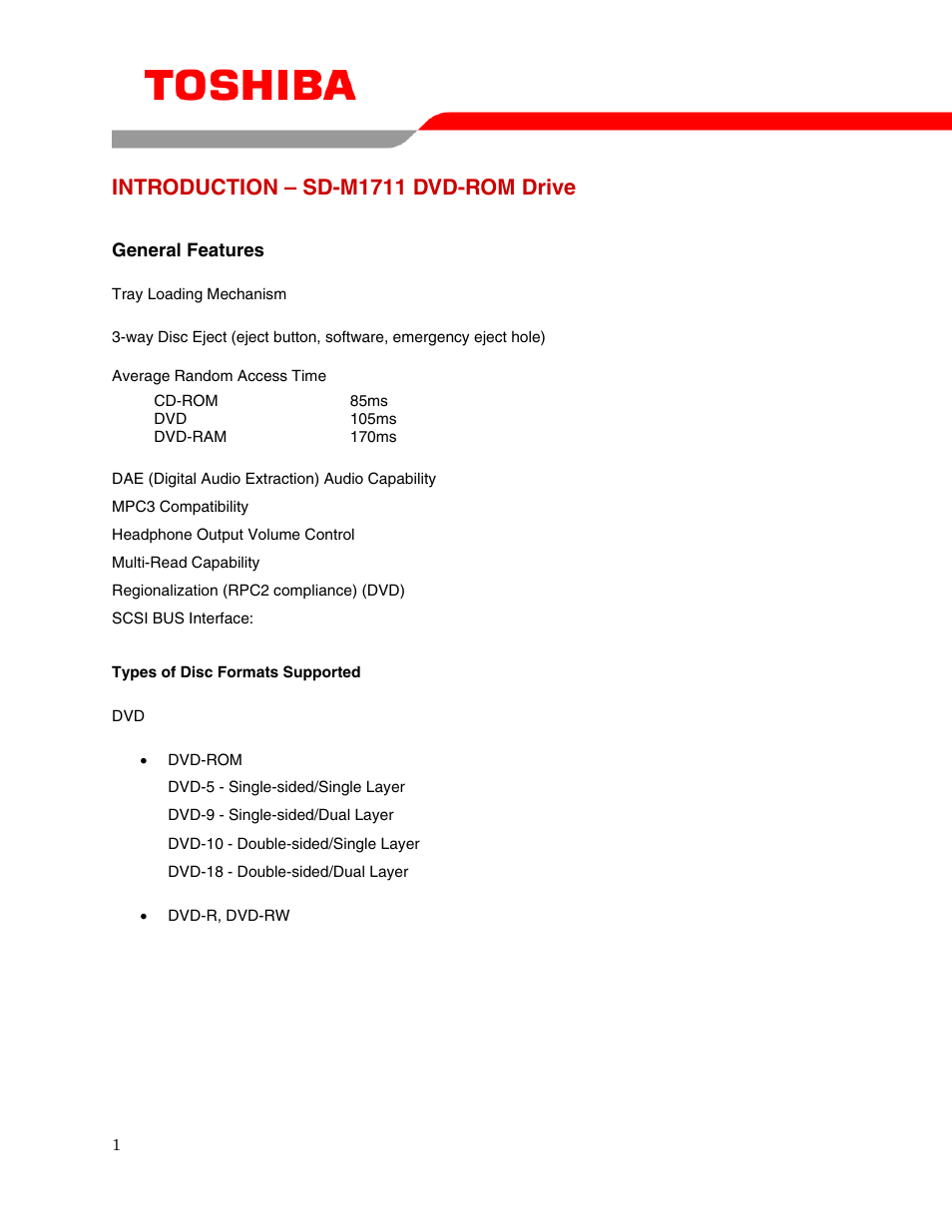 Introduction – sd-m1711 dvd-rom drive | Toshiba SD-M1711 User Manual | Page 3 / 18