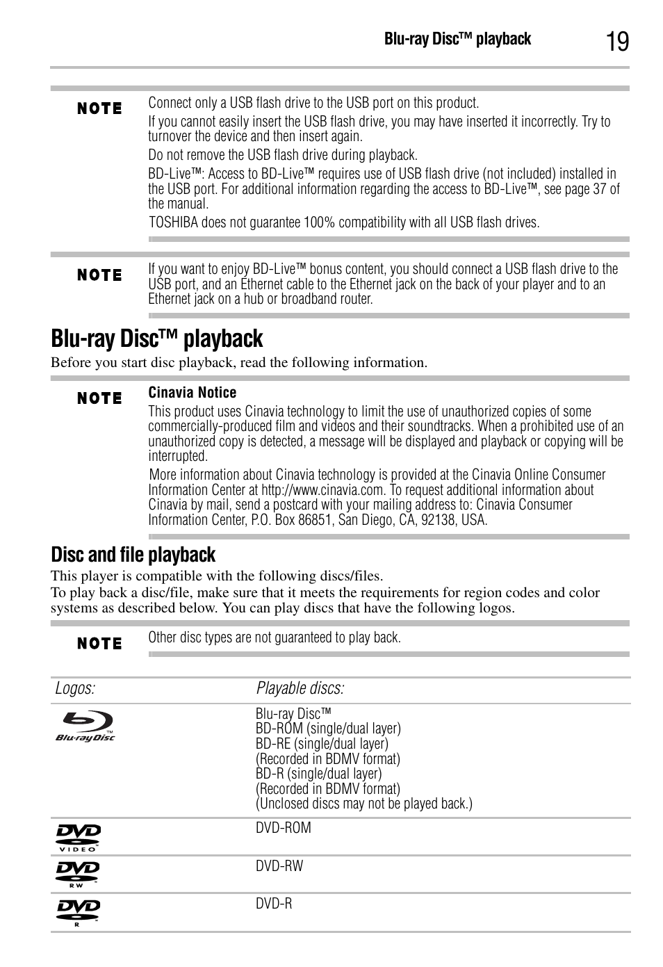 Blu-ray disc™ playback, Disc and file playback | Toshiba BDK2300KU User Manual | Page 19 / 56