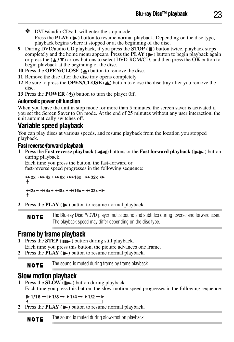 Variable speed playback, Frame by frame playback, Slow motion playback | Toshiba BDK2300KU User Manual | Page 23 / 56