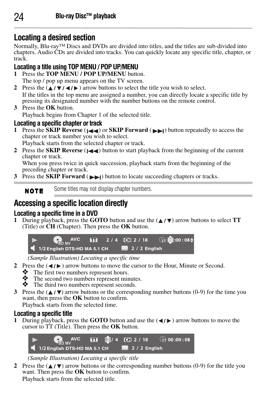 Locating a desired section, Accessing a specific location directly | Toshiba BDK2300KU User Manual | Page 24 / 56