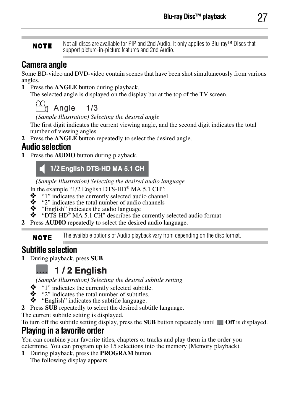 Camera angle, Audio selection, Subtitle selection | Playing in a favorite order | Toshiba BDK2300KU User Manual | Page 27 / 56