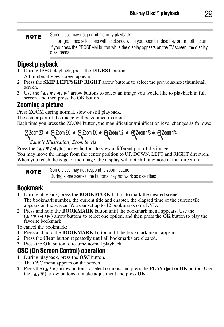 Digest playback, Zooming a picture, Bookmark | Osc (on screen control) operation | Toshiba BDK2300KU User Manual | Page 29 / 56