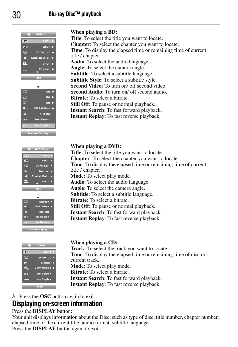 Displaying on-screen information | Toshiba BDK2300KU User Manual | Page 30 / 56