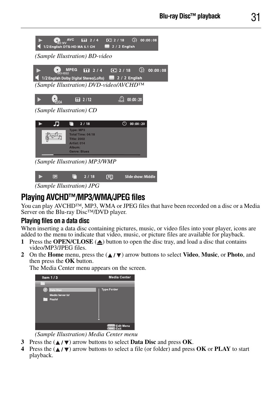 Playing avchd™/mp3/wma/jpeg files | Toshiba BDK2300KU User Manual | Page 31 / 56