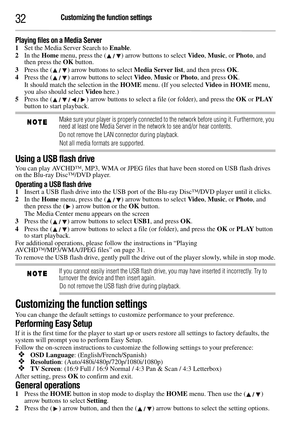 Using a usb flash drive, Customizing the function settings, Performing easy setup | General operations | Toshiba BDK2300KU User Manual | Page 32 / 56