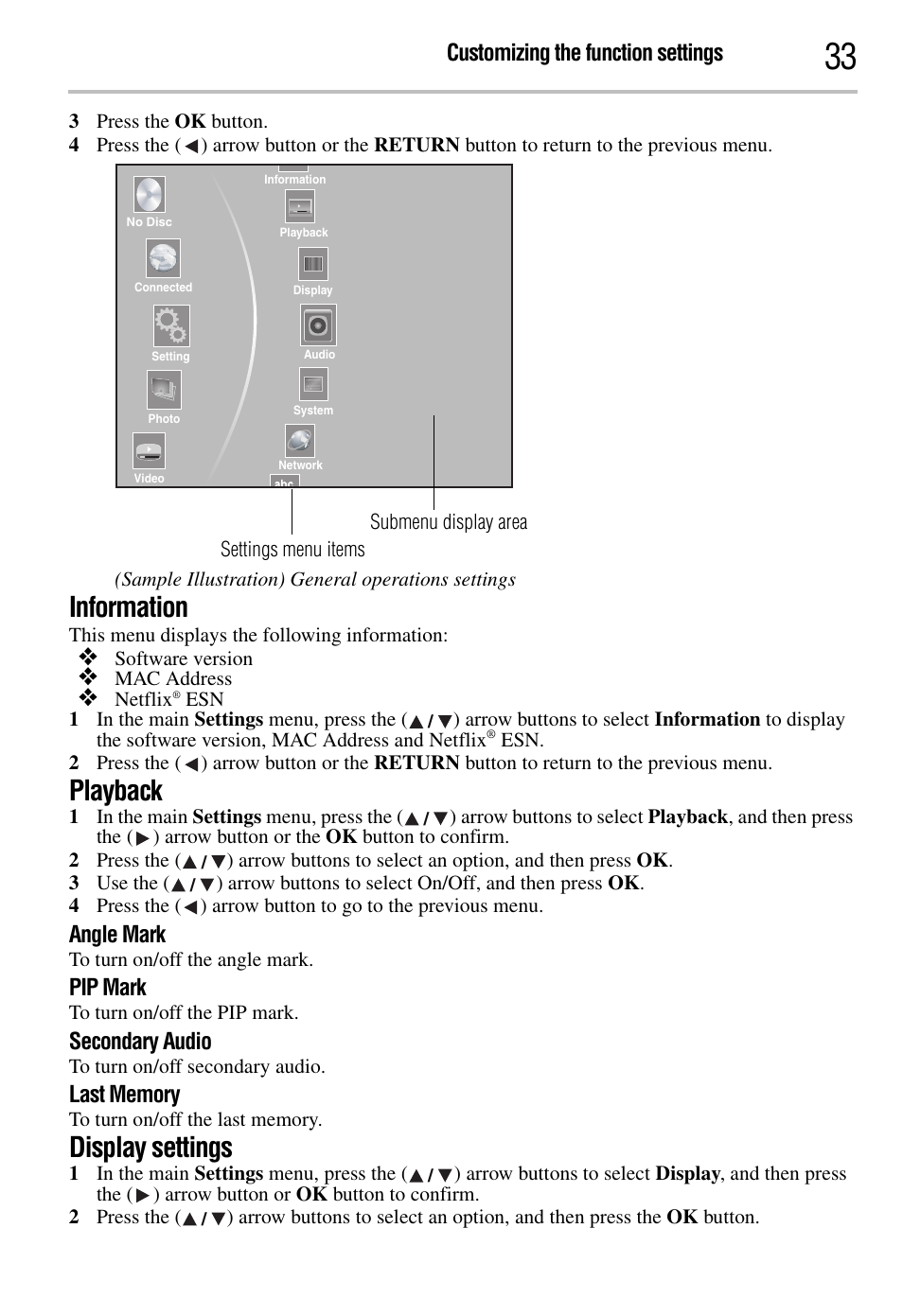 Information, Playback, Display settings | Customizing the function settings, Angle mark, Pip mark, Secondary audio | Toshiba BDK2300KU User Manual | Page 33 / 56