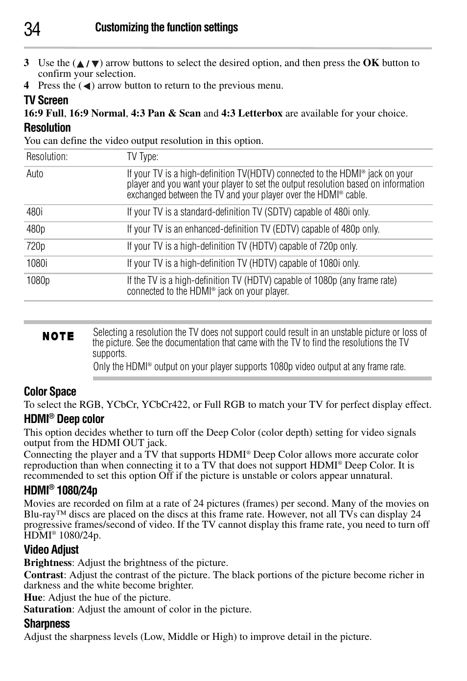 Customizing the function settings, Tv screen, Resolution | Color space, Hdmi, Deep color, Video adjust, Sharpness | Toshiba BDK2300KU User Manual | Page 34 / 56