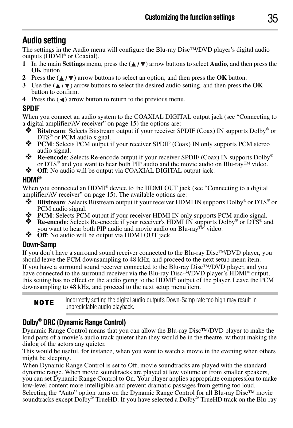 Audio setting, Customizing the function settings, Spdif | Hdmi, Down-samp, Dolby, Drc (dynamic range control) | Toshiba BDK2300KU User Manual | Page 35 / 56