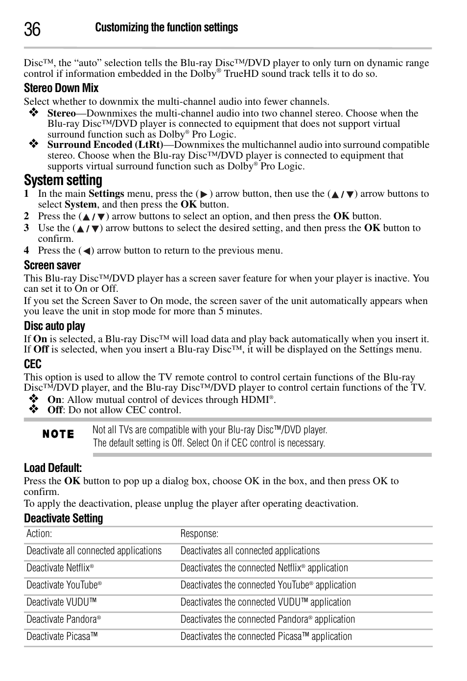 System setting, Customizing the function settings, Stereo down mix | Screen saver, Disc auto play, Load default, Deactivate setting | Toshiba BDK2300KU User Manual | Page 36 / 56