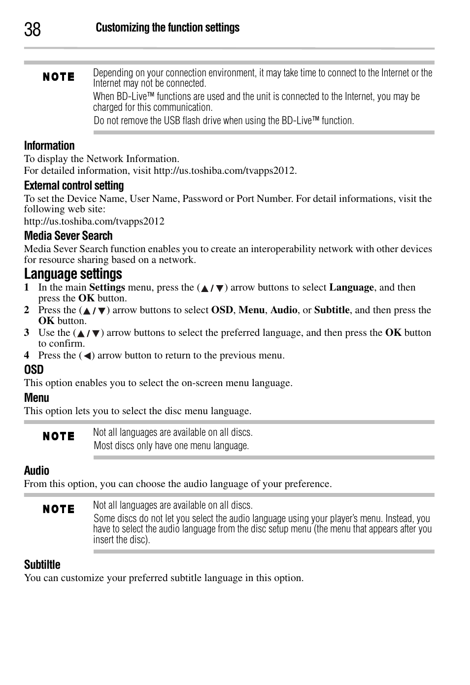 Language settings | Toshiba BDK2300KU User Manual | Page 38 / 56