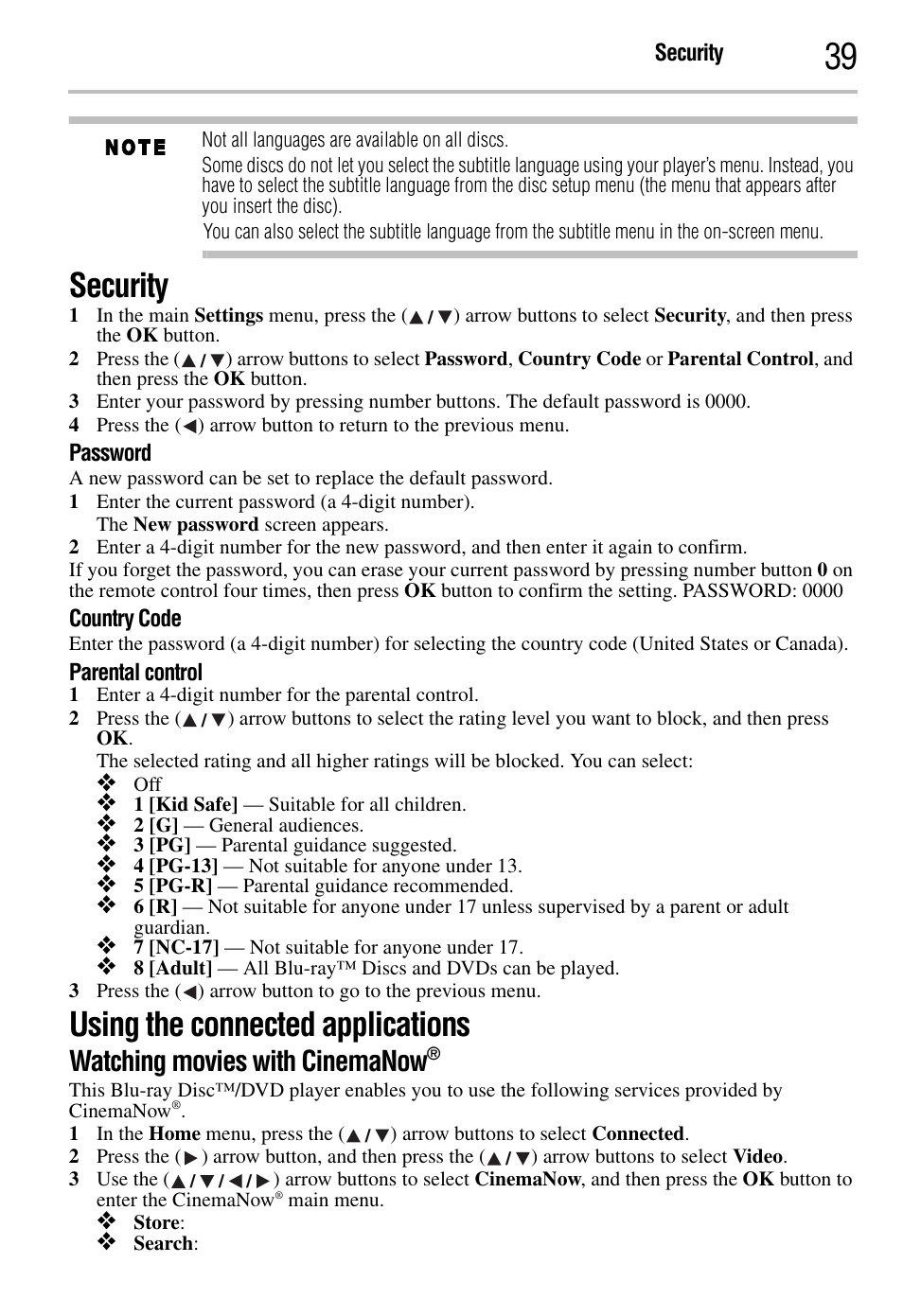 Security, Using the connected applications, Watching movies with cinemanow | Toshiba BDK2300KU User Manual | Page 39 / 56