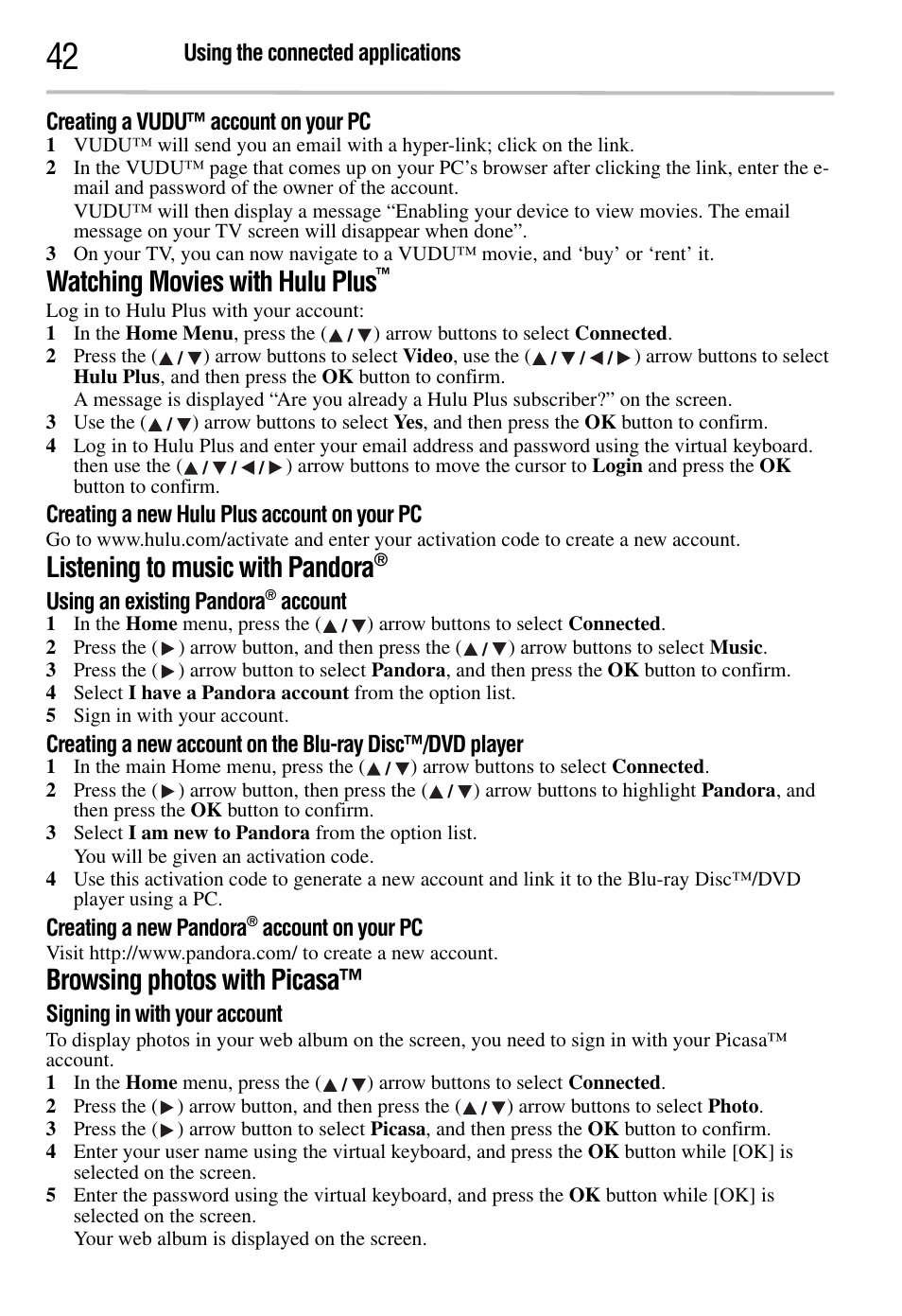 Watching movies with hulu plus, Listening to music with pandora, Browsing photos with picasa | Toshiba BDK2300KU User Manual | Page 42 / 56