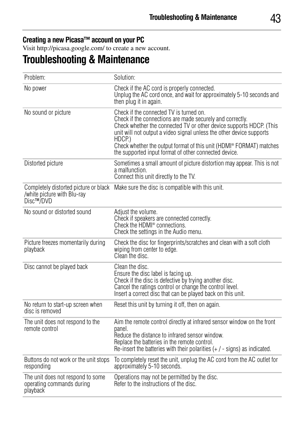 Troubleshooting & maintenance | Toshiba BDK2300KU User Manual | Page 43 / 56