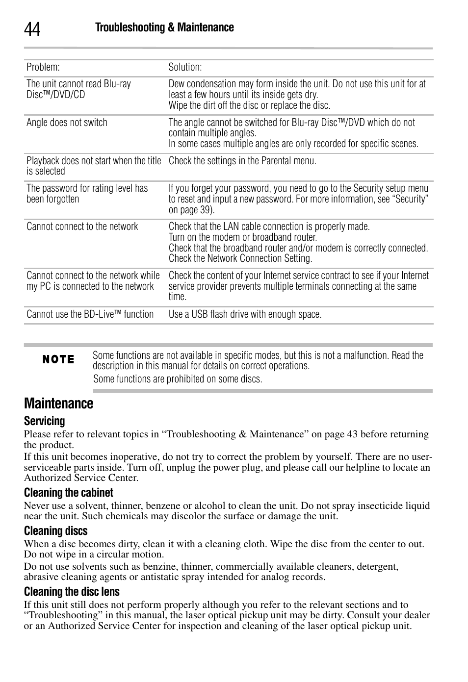 Maintenance | Toshiba BDK2300KU User Manual | Page 44 / 56
