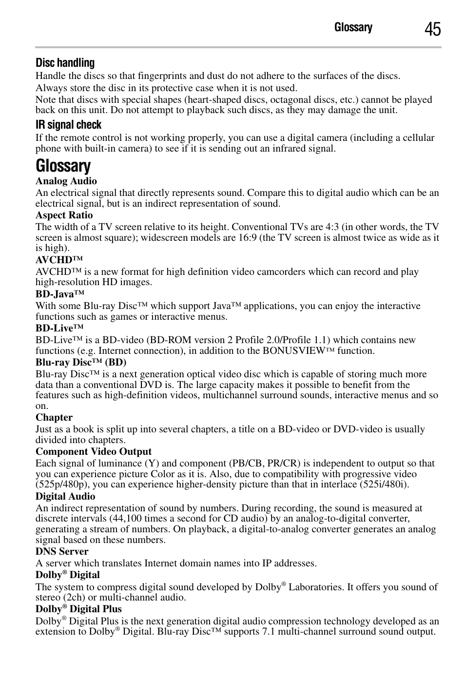 Glossary | Toshiba BDK2300KU User Manual | Page 45 / 56