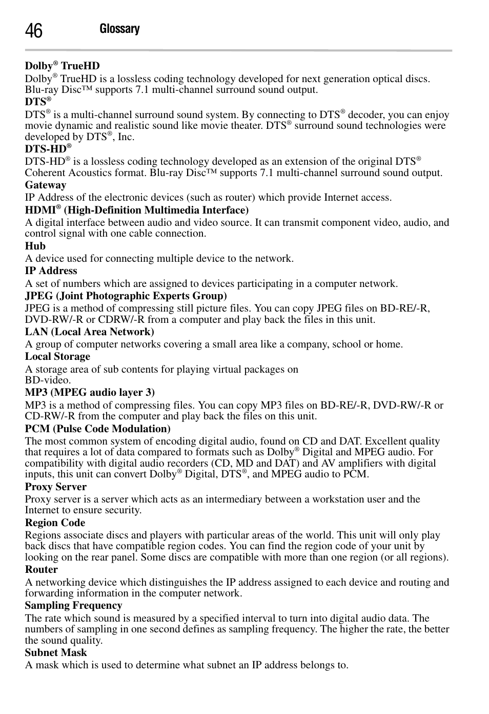 Glossary | Toshiba BDK2300KU User Manual | Page 46 / 56