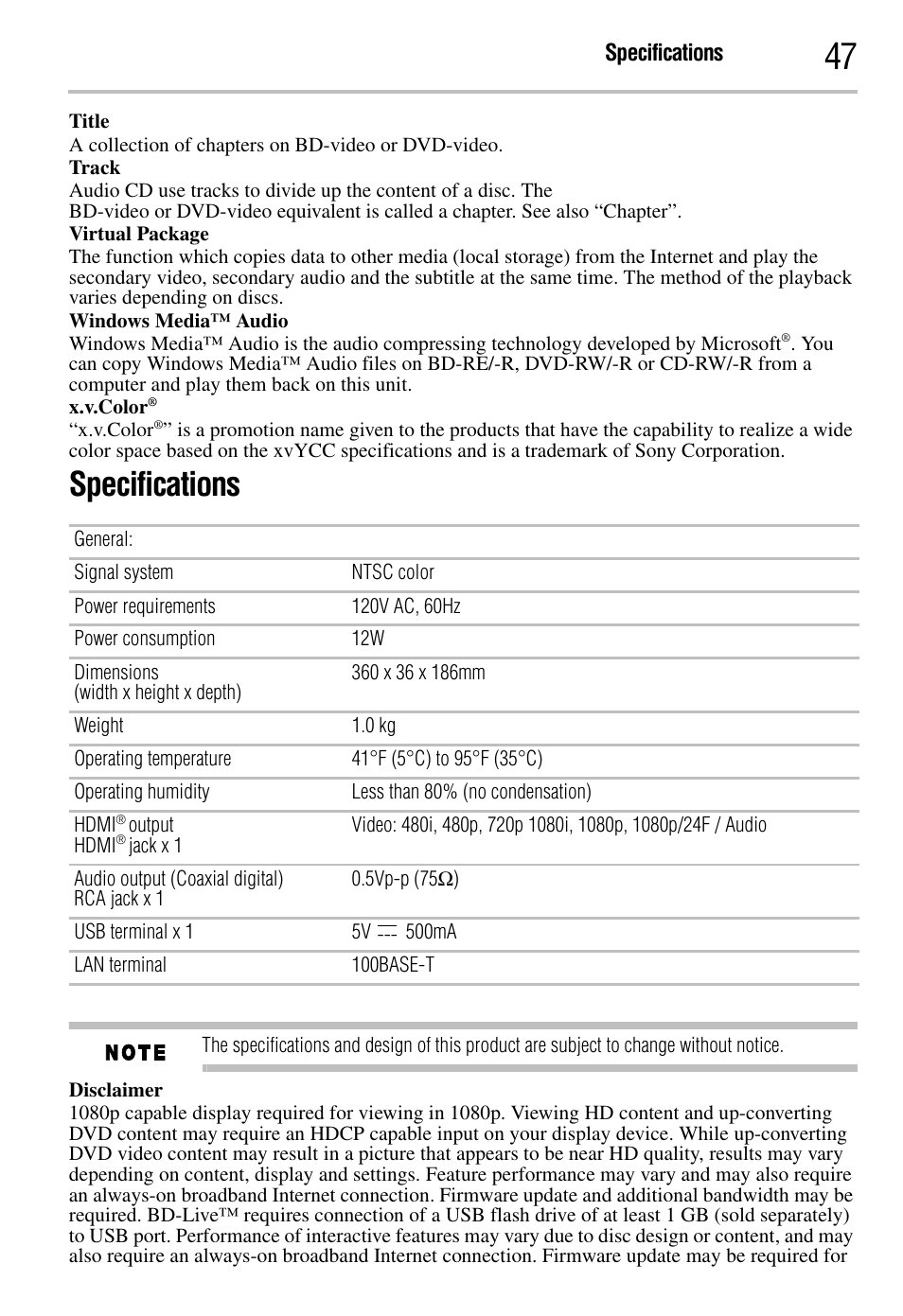 Specifications | Toshiba BDK2300KU User Manual | Page 47 / 56