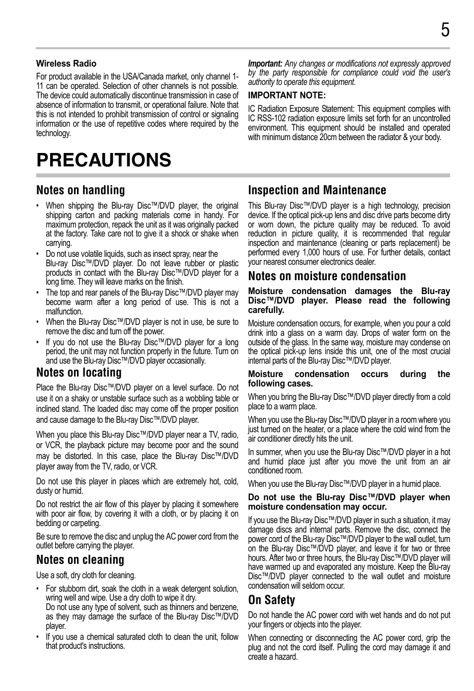 Precautions, Inspection and maintenance, On safety | Toshiba BDK2300KU User Manual | Page 5 / 56