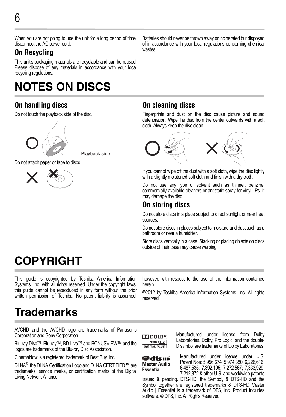 Copyright, Trademarks, On recycling | On handling discs, On cleaning discs, On storing discs | Toshiba BDK2300KU User Manual | Page 6 / 56