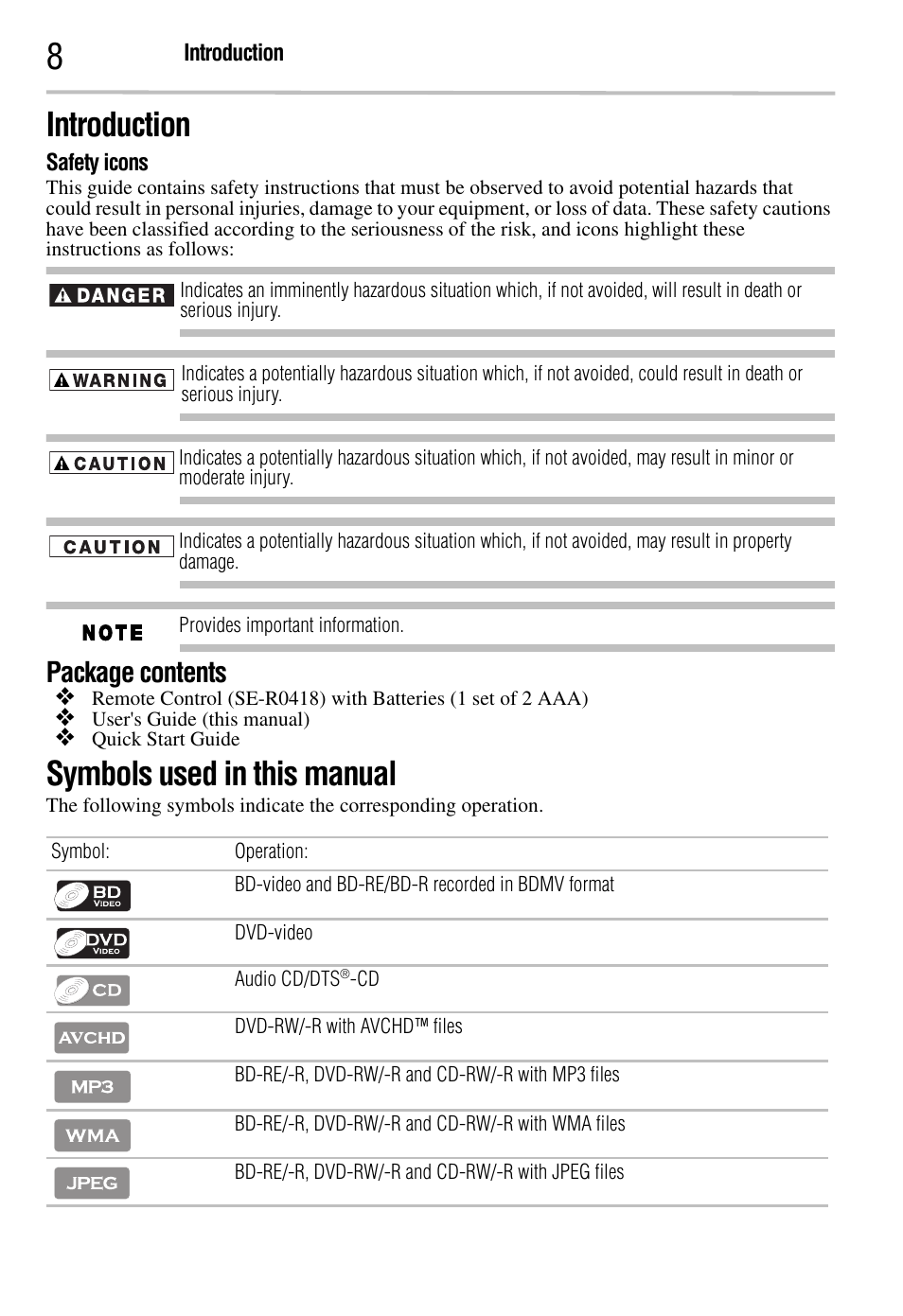 Introduction, Package contents, Symbols used in this manual | Introduction symbols used in this manual | Toshiba BDK2300KU User Manual | Page 8 / 56