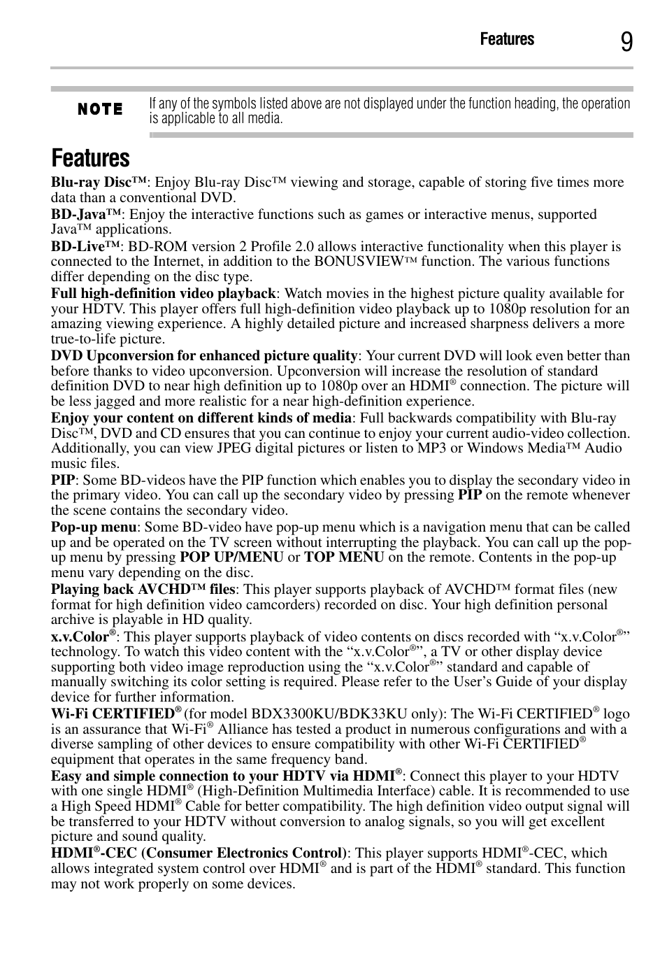 Features | Toshiba BDK2300KU User Manual | Page 9 / 56