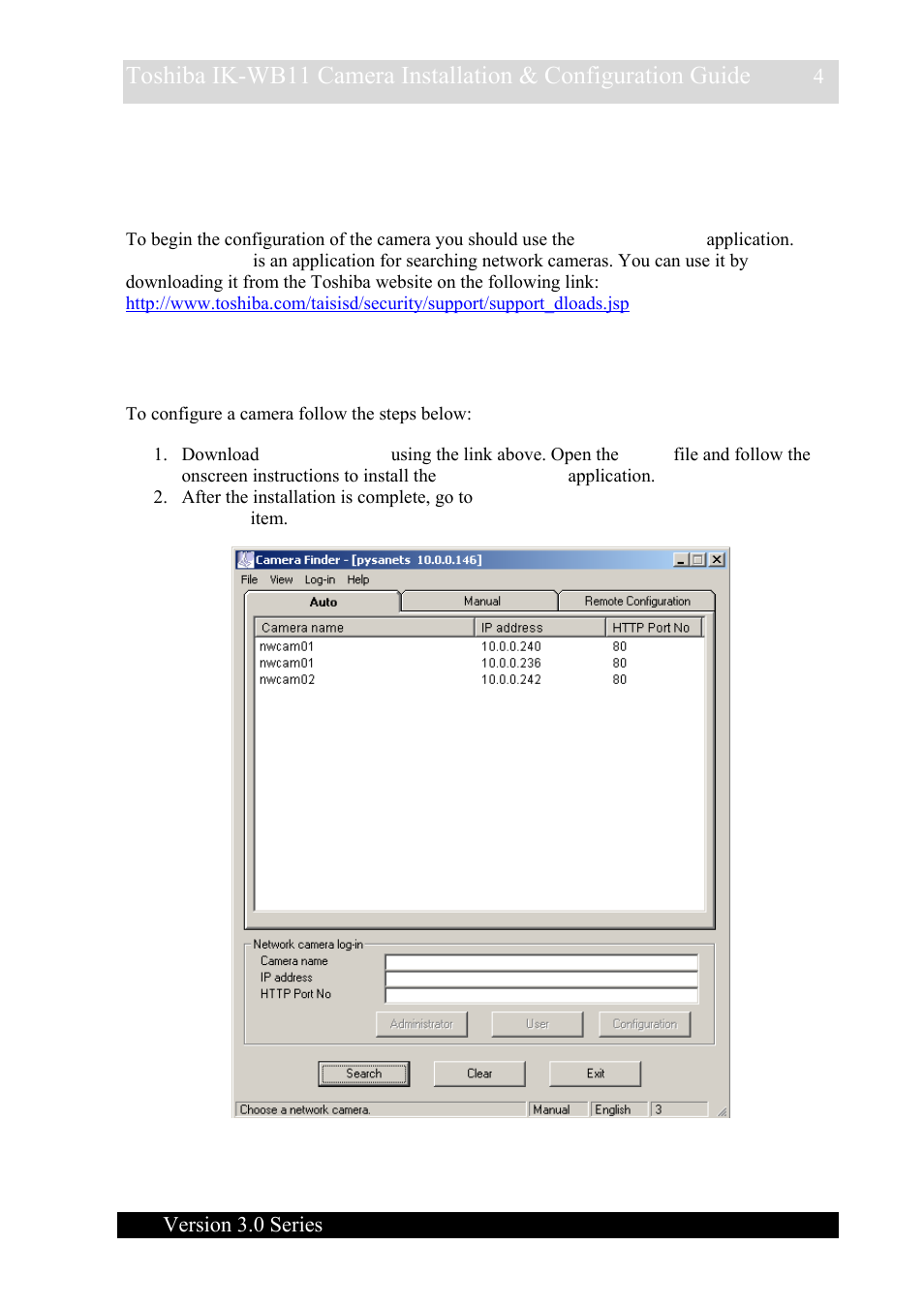 2 camera configuration, 1 searching and entering the camera, Camera configuration | Earching and entering the camera | Toshiba IK-WB11 User Manual | Page 4 / 8