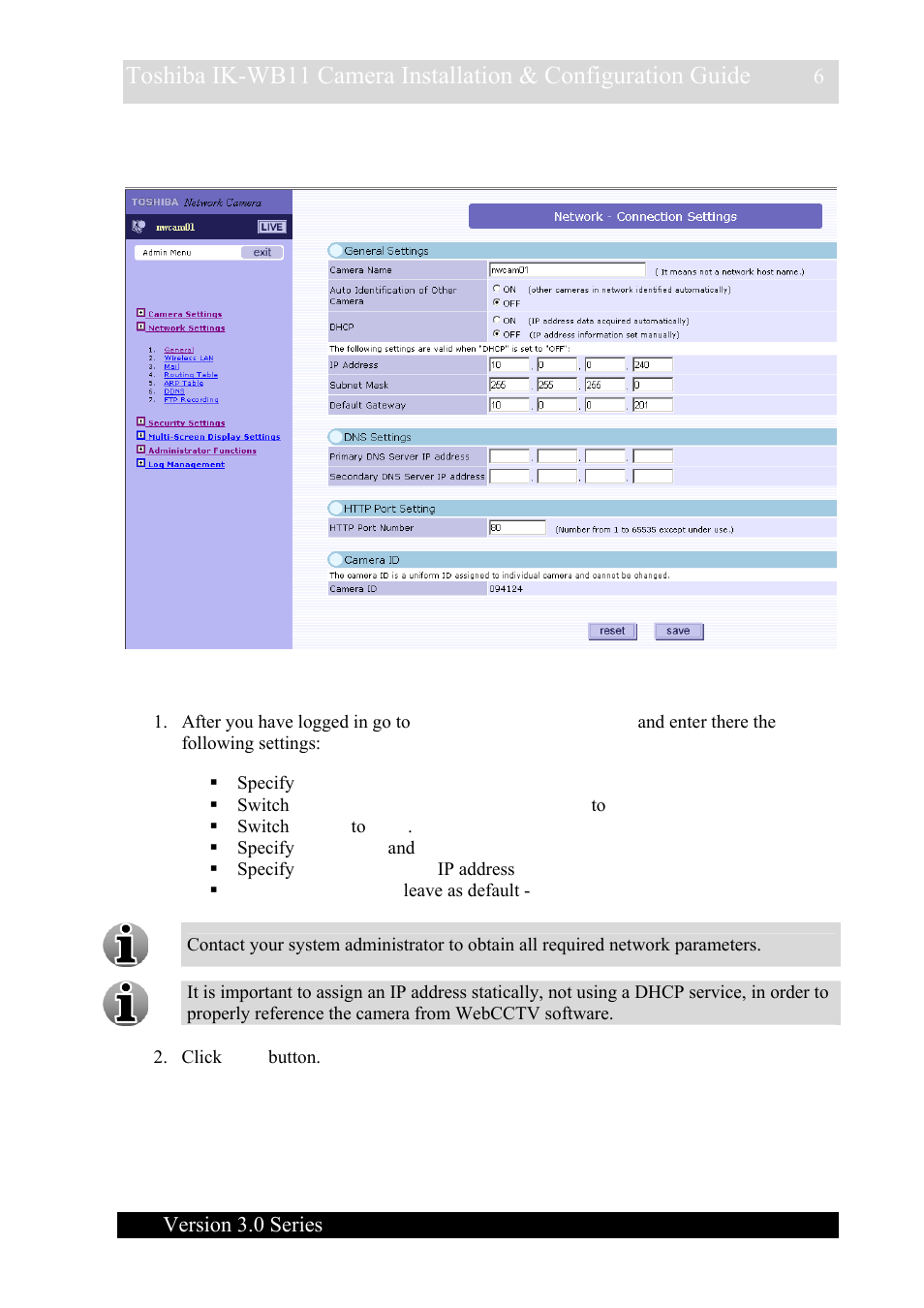 2 network settings configuring, Etwork settings configuring | Toshiba IK-WB11 User Manual | Page 6 / 8