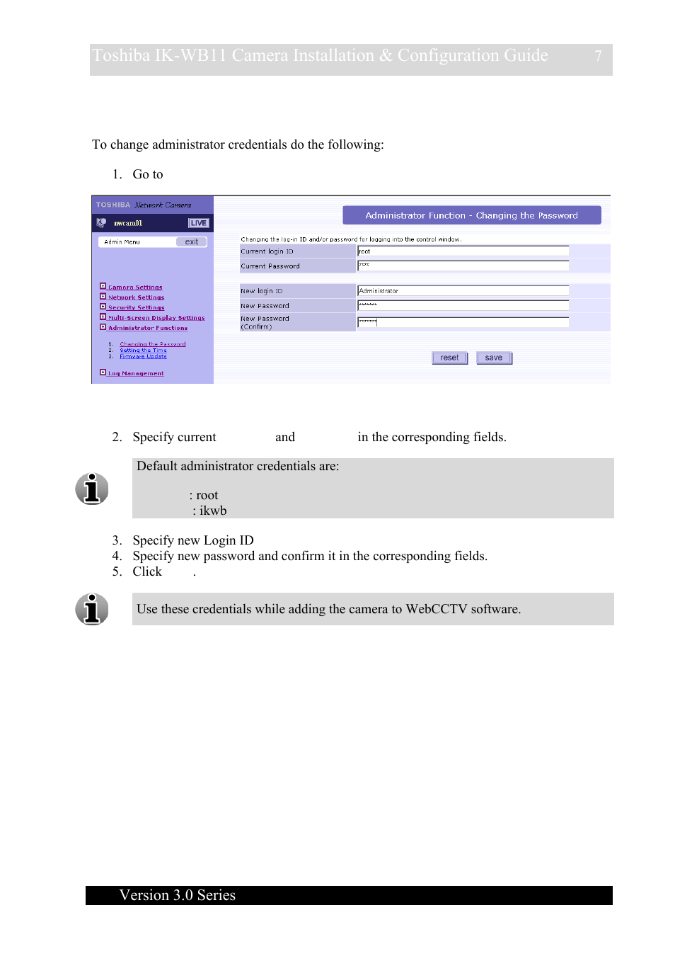 3 administrator credentials configuring, Dministrator credentials configuring | Toshiba IK-WB11 User Manual | Page 7 / 8