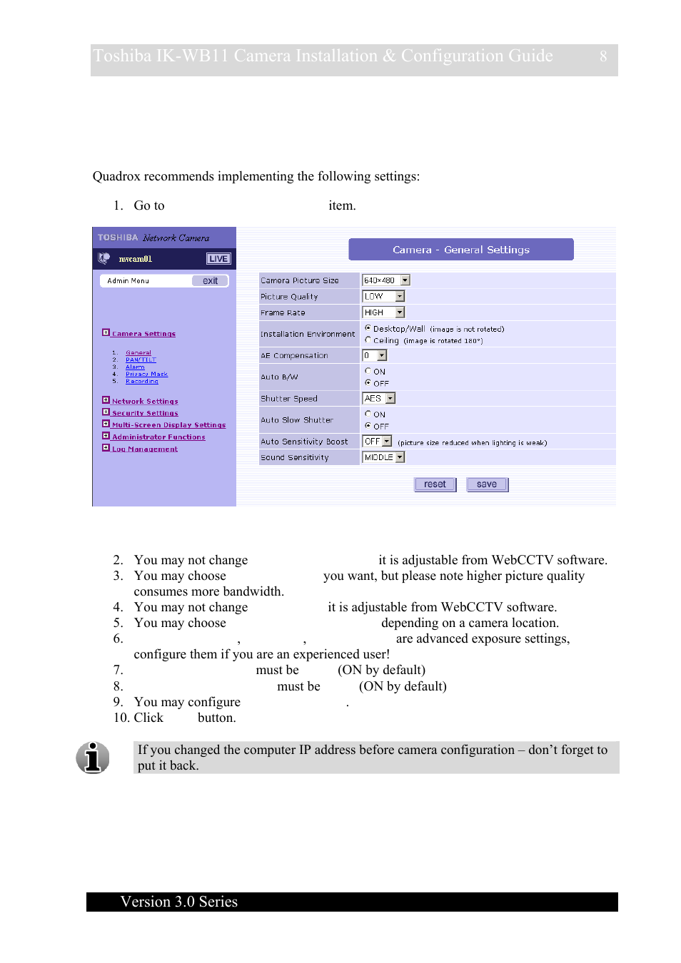 3 advanced camera configuration, Advanced camera configuration | Toshiba IK-WB11 User Manual | Page 8 / 8