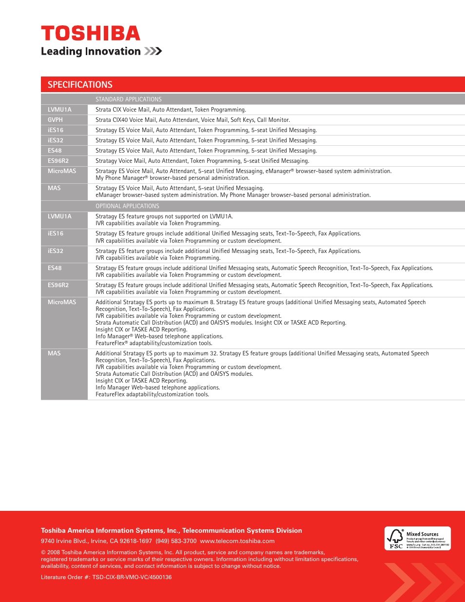 Specifications | Toshiba IP Business Communication System User Manual | Page 2 / 2