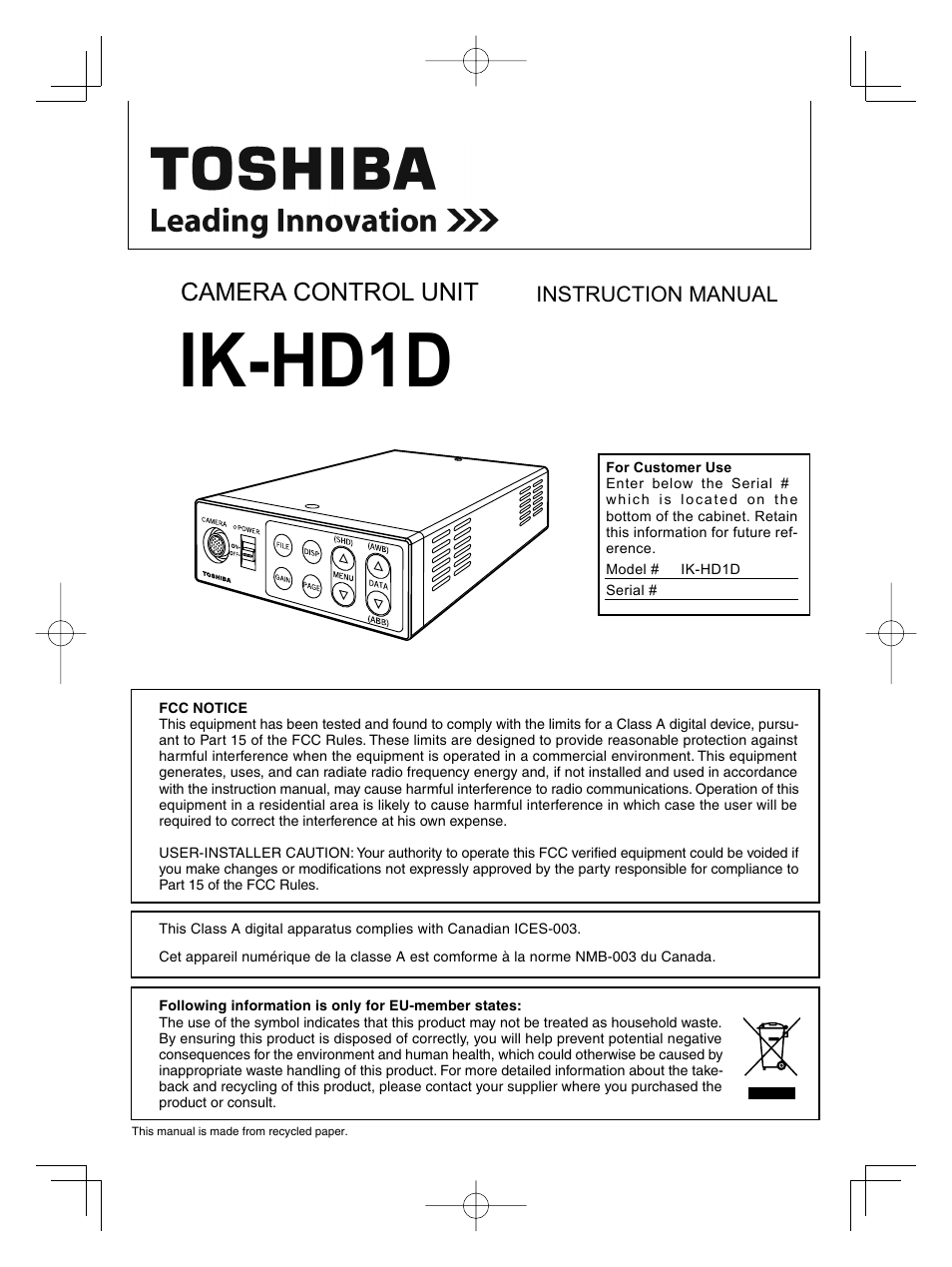 Toshiba IK-HD1D User Manual | 35 pages