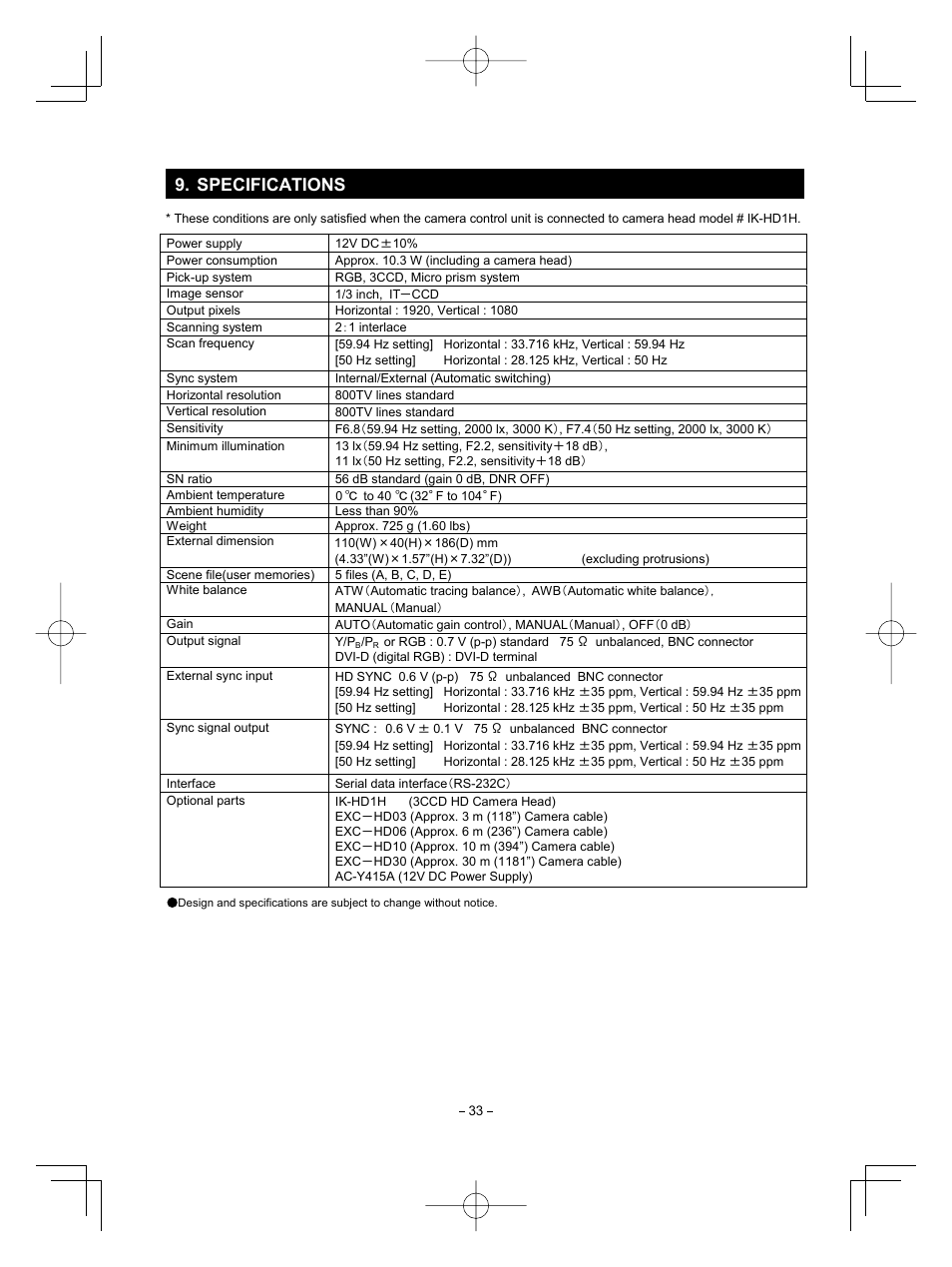 Specifications | Toshiba IK-HD1D User Manual | Page 33 / 35