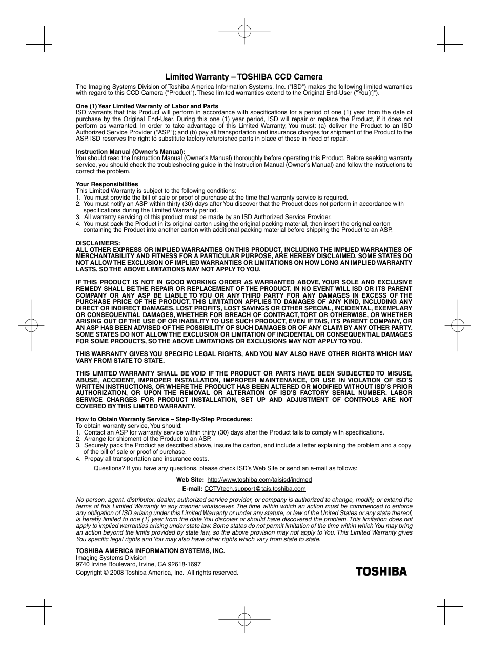 Toshiba IK-HD1D User Manual | Page 35 / 35