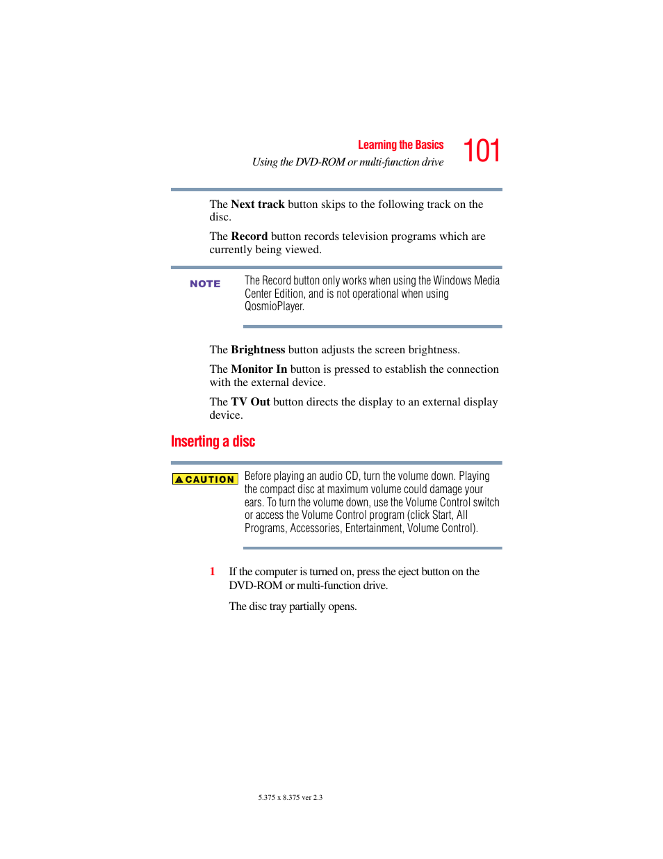 Inserting a disc | Toshiba F15 User Manual | Page 101 / 328