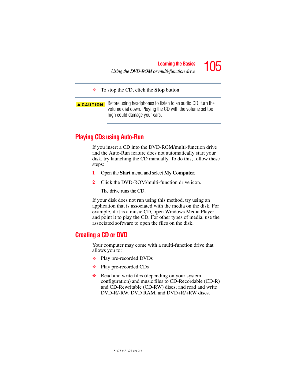 Playing cds using auto-run, Creating a cd or dvd, Playing cds using auto-run creating a cd or dvd | Toshiba F15 User Manual | Page 105 / 328