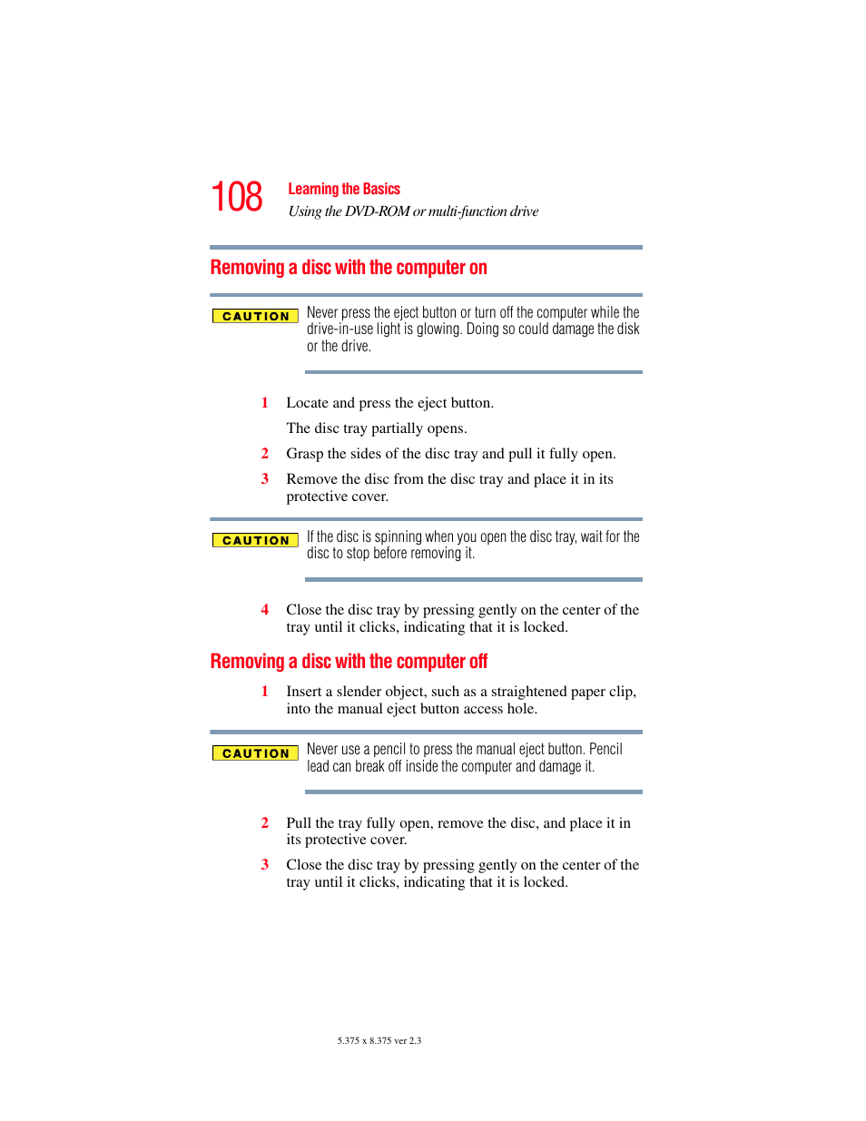 Removing a disc with the computer on, Removing a disc with the computer off | Toshiba F15 User Manual | Page 108 / 328