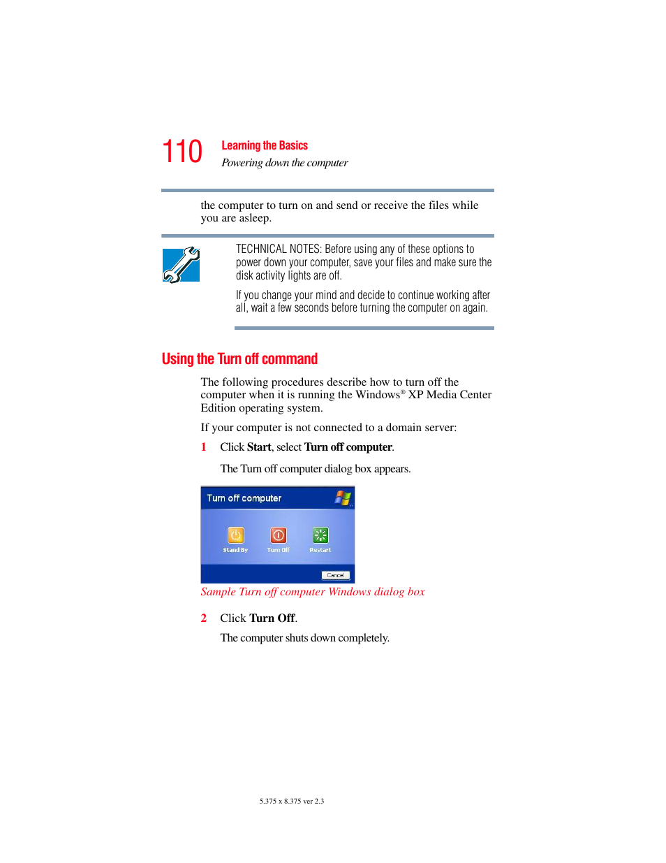 Using the turn off command, Using the turn off command” on | Toshiba F15 User Manual | Page 110 / 328